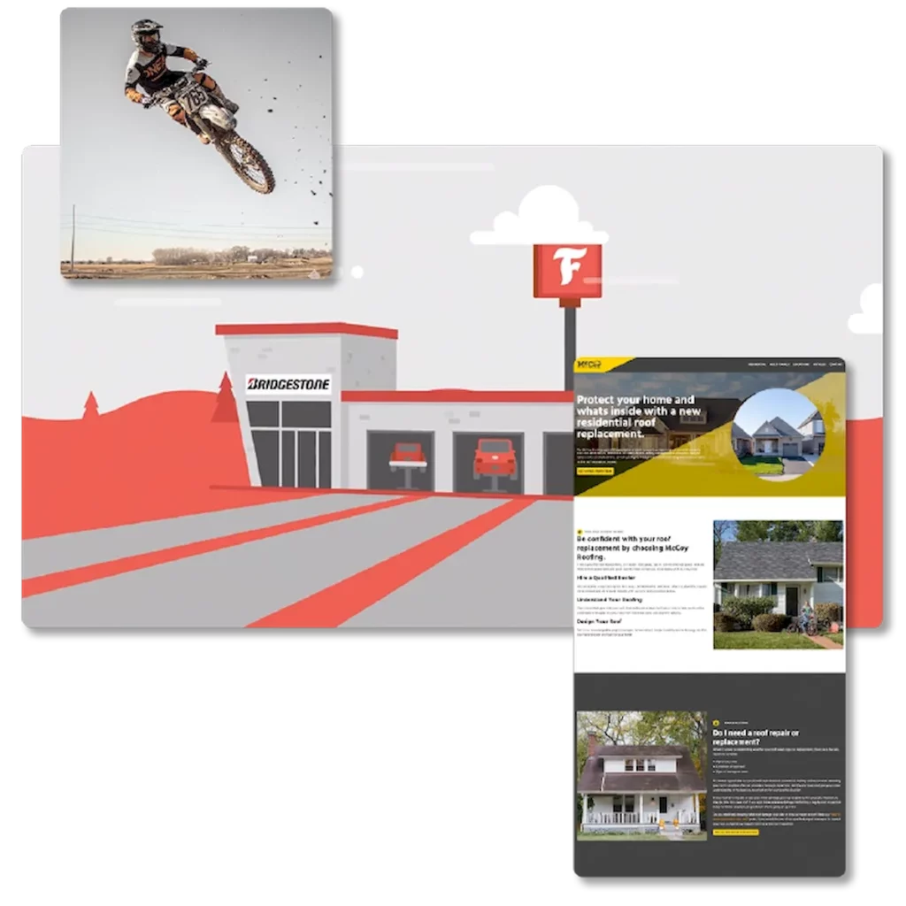 Collage of creative and marketing projects completed by Klar, Inc. including McCoy Roofing website design and development, Bridgestone "Life of a Tire" animation video, and photography for Moto Antics. 